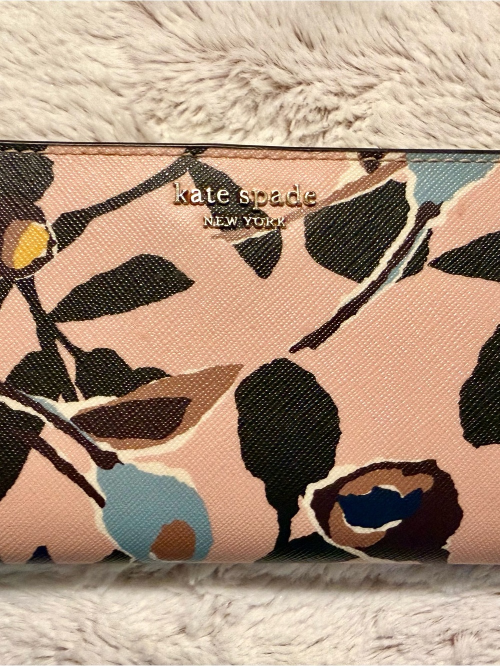 kate spade pink floral print wallet with gold logo